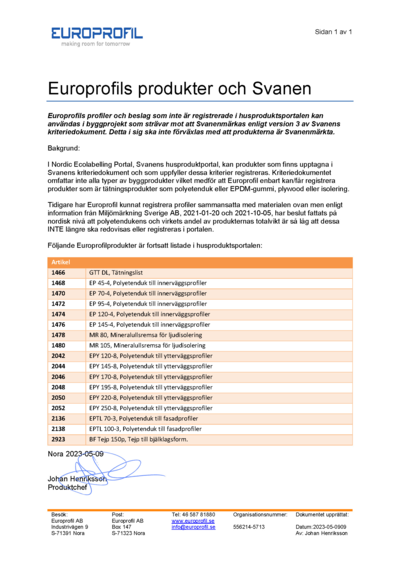 Europrofils produkter och Svanen