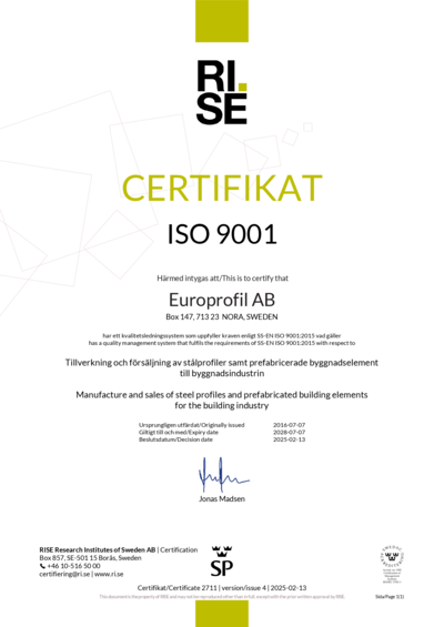Europrofil SS-EN ISO 9001
